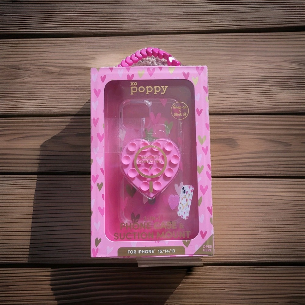 XO Poppy iPhone 15/14/13 2 In 1 Magsafe Phone Case & Suction Mount Hearts Pink
